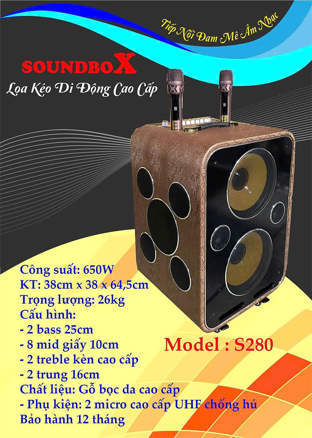 Loa karaoke xách tay Soundbox S280, 2 mic ko dây UHF