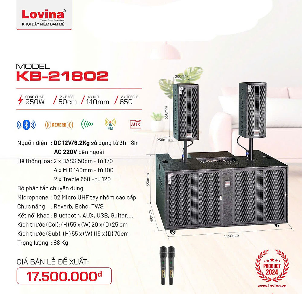Loa kéo array Lovina KB21802, Loa karaoke 3 đường tiếng