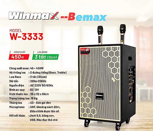Loa kéo di động Winmax W-3333, dùng 2 mic UHF