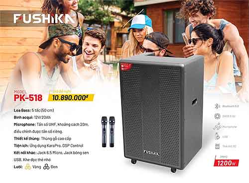 Loa kéo Fushika PK-518, loa karaoke công suất lớn, max 800W
