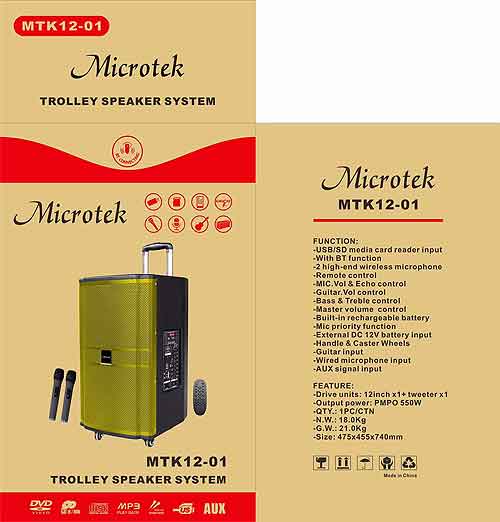 Loa kéo Microtek MTK12-01, loa karaoke vỏ gỗ, bass 3 tấc
