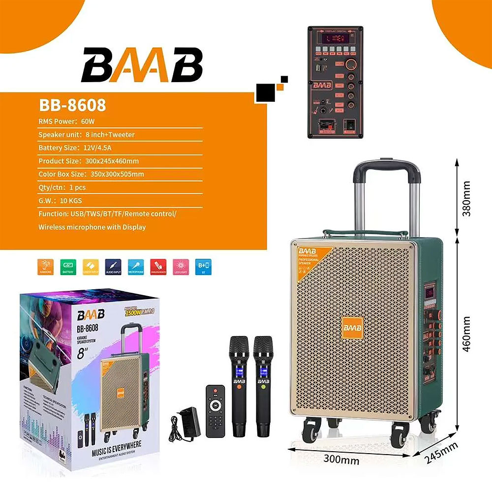 Loa kéo mini BAAB BB-8608, 2 đường tiếng