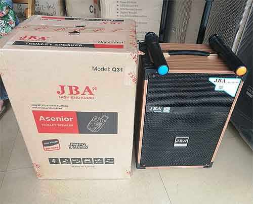 Loa kéo mini JBA Q31, loa karaoke vỏ gỗ, kèm mic không dây