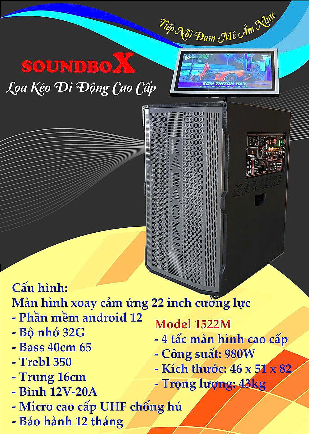 Loa Kéo Soundbox SB-1522M, màn hình 22 inch