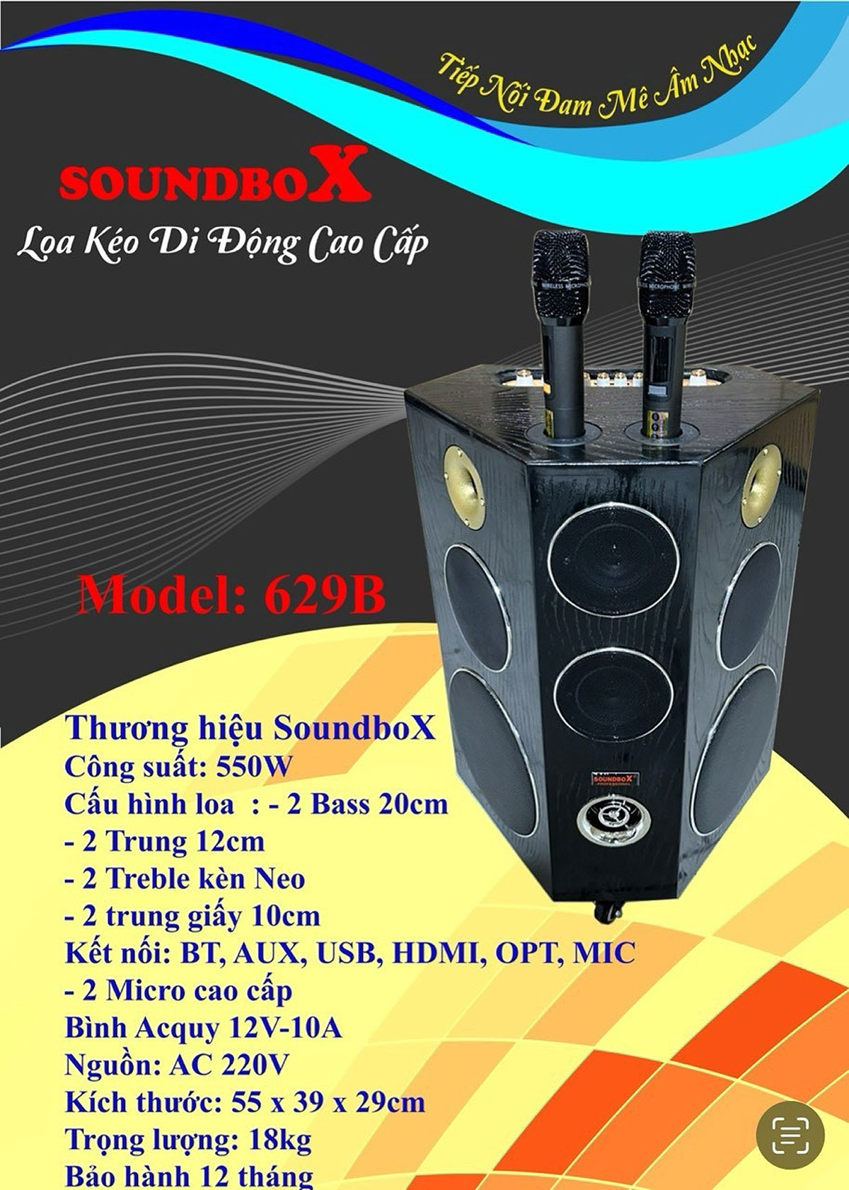 Loa kéo Soundbox SB-629B, dùng 8 củ loa