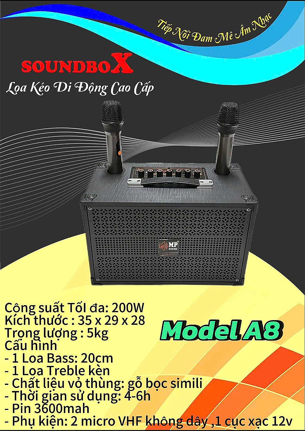 Loa xách tay Soundbox A8, 2 mic không dây