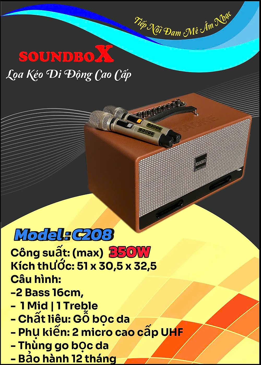 Loa xách tay Soundbox C208, 3 đường tiếng