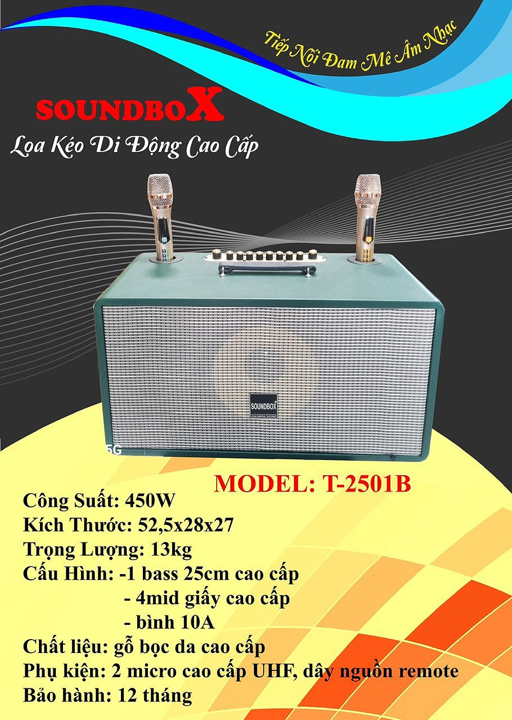 Loa xách tay Soundbox T2501B, kèm 2 mic ko dây